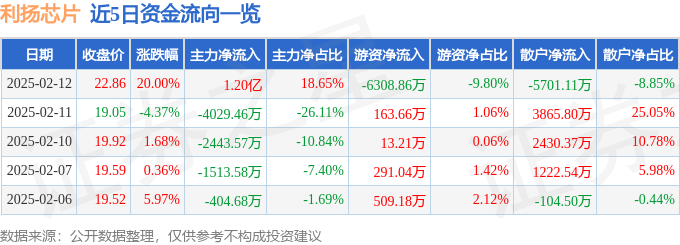 米乐M6：利扬芯片（688135）2月12日主力资金净买入120亿元