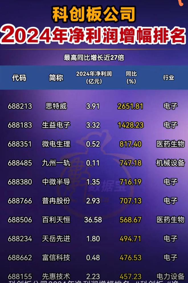 米乐M6：科创板2024净利润增幅公司排行出炉最高大增超27倍！